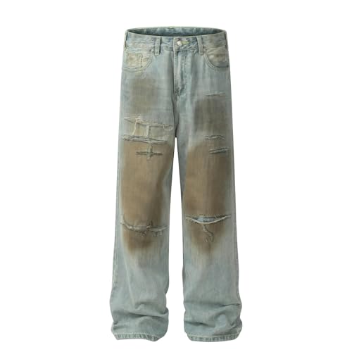 Jeans Pants Trousers Denim Retro Trendy Street Tear Wear Loose Washed Blue Personalized Dirty Straight Leg for Men