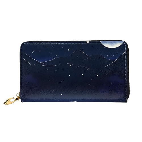 Portefeuille long pour femme Serene Blue Night View noir au design artistique raffiné