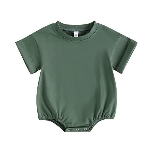 Image of Unisex Baby Boy Girl Solid Color Short Sleeve Bubble Romper Oversized T-Shirt Romper Bodysuit Top Summer Clothes