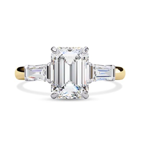 Three Stone Engagement Ring for Women, Center 9x6.5mm Emerald Cut Lab Created Moissanite Promise Ring in 10K / 14K Solid Gold or 925 Sterling Silver Jewelry Gift for Her2