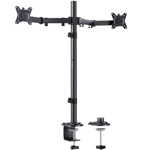 Image of HUANUO Dual Monitor Stand for 13-32 Inch Screens, Tall Pole Desk Mount,Larger Base, Ideal for Sit-Stand Workstations, 22 lbs per Arm, VESA 75x75 /100x100mm, Tilt Swivel Rotation, Cable Management