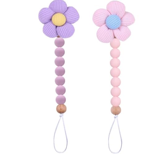 Image of 2pcs Flower Pacifier Clip, Silicone Bead Pacifier Clip for Baby Girls Pink Purple Color Daisy Birthday Christmas Gift(B)