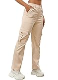 Miladusa Khaki Pants for Women Cargo Pants High Waist Stretchy Y2K Pants Baggy Relaxed Fit Straight Wide Leg Pants