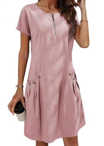 ORANDESIGNE Sommerkleid Damen Leinenkleid Knielang Sommer Casual Rundhals Halber Reißverschluss Kurzarm Freizeitkleid Strandkleider Boho Tunikakleid...