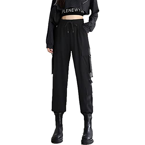 MEINVQIAOTI Black Cargo Pants for Women Street Hip-hop Loose Feet Straight Casual Goth Pants for Women