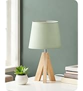 GOEBLESON Tripod Table Lamp, Small Bedside Lamp with Wood Base & Green Fabric Shade, Little Cute ...