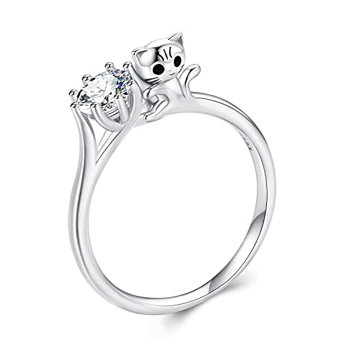 Bagues en argent sterling S925 chat mignon le cadeau idéal avec zircon pour fille