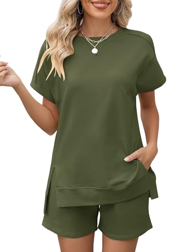 Image of LOMON Womens Fashion 2 Piece Outfits Sweatsuits 2026 Summer Short Sleeve Loungewear Tracksuit Round Neck Lounge Shorts Sets