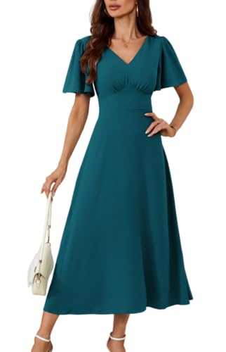 Solid Farbe Retro V-Ausschnitt Chiffon-Kleid Fashion A-Linie Maxi Kleid Elastikbund Freizeitkleider mit Cape Ärmel Blaugrün M