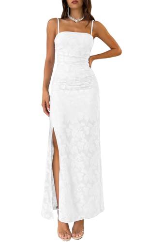 MITILLY Womens Summer Wedding Guest Dress 2026 Formal Spaghetti Strap Bodycon Ruched Floral Slit Maxi Dresses Medium White