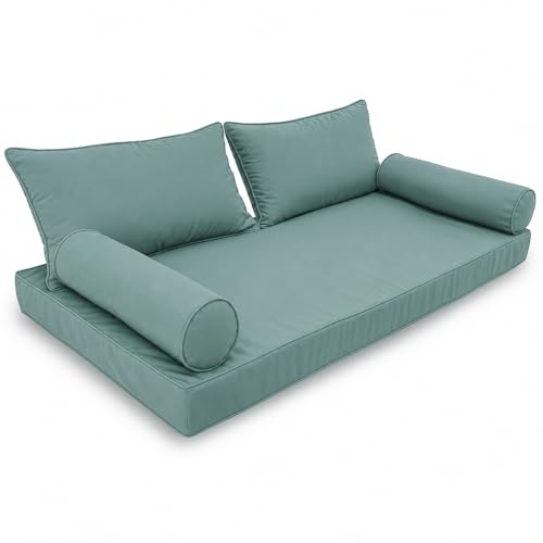 Image of Outdoor Daybed Cushion Cover Twin,Daybed Mattress Bolster Pillow Fitted Sheet Cover,Twin Size Outdoor Daybed Cushion Covers (Teal Tonal Piping, 75 * 39 * 6in)