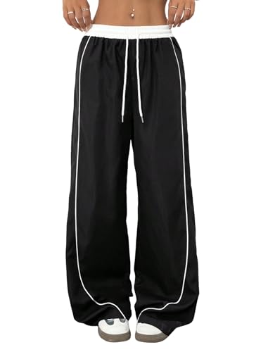 ZAFUL Womens Parachute Pants Y2K Wide Leg Cargo Sweatpants Drawstring Waist Jogger Pants with Pockets