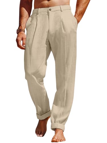 AKEFUN Mens Linen Beach Pants Casual Summer Elastic Waist Slacks Lightweight Loose Fit Trousers,...