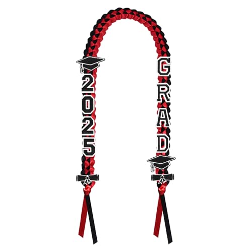 Tivddikun Graduation Leis 2025, Class of 2025 Grad Ribbon Leis with Pins, Grad Necklace Handmade Braided Necklace, Graduation Gifts for Women and Men (Black & Red)