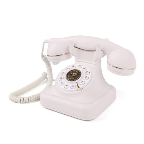 FESTRING Teléfono fijo retro con marcación de botón, teléfono vintage con volumen de timbre ajustable y función de remarcación, teléfono retro con cable para el hogar, oficina, hotel, color blanco