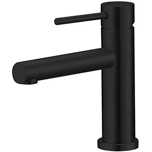 Bathfinesse Schwarzer Badezimmer-Wasserhahn mit Pop-Up-Ablaufmontage, Einhand-Wasserhähne für Waschbecken, 1 Loch, Waschtischarmatur, mattschwarzer Versorgungsschlauch, bleifrei Cover