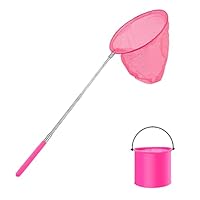 THT 1 Pack Kids Telescopic Butterfly Net Fishing Net Pond Net Extendable (14.5 to 33.8 Inches) With 1 Pack Folding Bucketfor Kids Catching Bugs Insect Small Fish Outdoor Beach Garden Activities