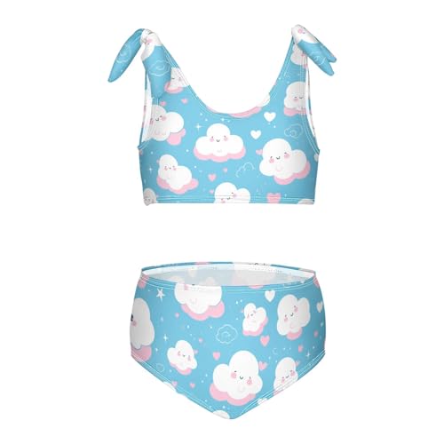 Clouds on Blue Background Girls' 2 Piece Kids Bikini Set Quick-Dry Bathing Suit Swimwear Adjustable Shoulder Strap