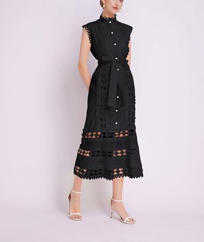 Women Lace Hollow Out Dress Party Midi Casual Sleeveless Button High Neck Dresses with Belt3