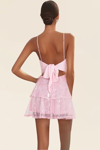 Short A-line Sequin Homecoming Dresses Spaghetti Straps Formal V-Neck Prom Party Dress Mini Length3