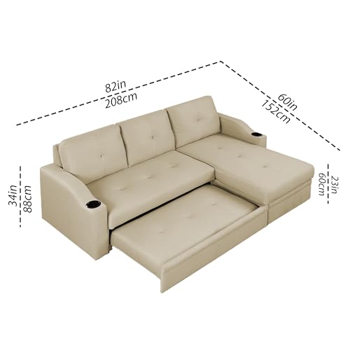 Image of Casaliving Ravonna RHS 4 Seater L Shape Corner Sofa Cum Bed for Living Room (Cream Fabric) Premium Fabric Sofa