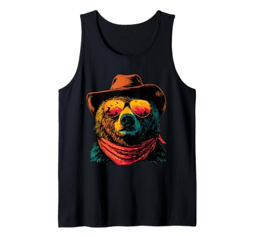Oso Colorido con Gafas de Sol Vaquero Animal Puesta de Sol Occidental Camiseta sin Mangas