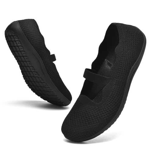 Women's Wide Toe Box Flats Knit Mary Jane Ballet Flats Wide Width Walking Dressy Shoes with Arch Support Comfortable