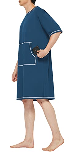 Slimour Men's Nightshirts With Pockets Men Nightgown Long Men Sleeping Shirt Short Sleeve Navy L #TOP4
