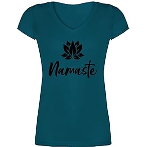 Shirtracer – T-Shirt Damen V Ausschnitt – Yoga und Wellness Geschenk – Namaste mit Lotusblüte schwarz