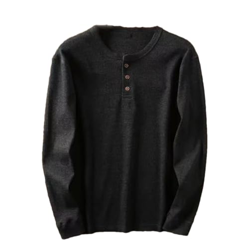 VMAKBUWIS Mens Basic Tee Casual Tshirts Waffle Long Sleeve Shirts Thermal Solid Half Button Breathable Cotton Shirts Black