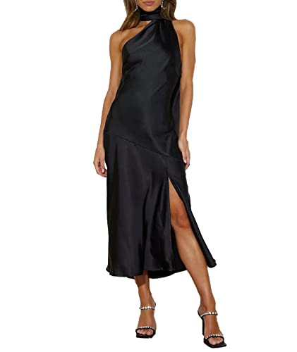 Sexyshine Damen Elegant Neckholder Tie Neck Ärmellos Satin Langes Kleid Rückenfrei Split Cocktail Party Formal Hochzeit Maxikleid, Schwarz, Mittel