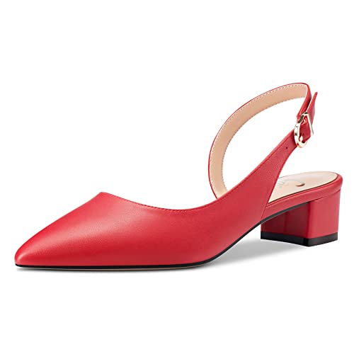 Escarpins Slingback Rouge Matte à Petit Talon Bloc 3.5 CM Pointu 45 EU