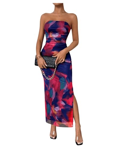 Image of GORGLITTER Women's Floral Strapless Bodycon Wedding Guest Dress Vacation Summer Birthday Tropical Maxi Long Sun Dresses