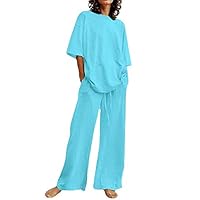 Tuta da donna in cotone e lino a maniche corte, con scollo rotondo, tinta unita, pantaloni a gamba larga con due tasche, set da due pezzi, Blu 4., M