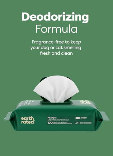 Earth Rated Pet Wipes for Dogs and Cats, Hypoallergenic, 3-in-1 Cleaning, Deodorizing and Hydrating, for Grooming Paws, Body and Butt, Unscented, 100 Count