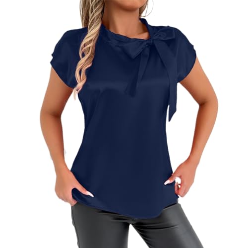 2025 Elegante camiseta de raso con lazo para mujer casual para vacaciones blusa verano primavera camiseta con cuello de lazo cadena de alambre de púas, azul oscuro, L