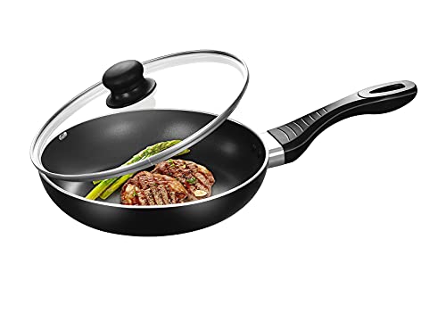 Qesnox Frying Pan Non Stick Induction with Lid - Non Stick Induction Frying Pan with Heat Resistant Handle - All Stoves Compatible. PFOA Free Scratch Resistant Coating. (28CM Frying PAN)