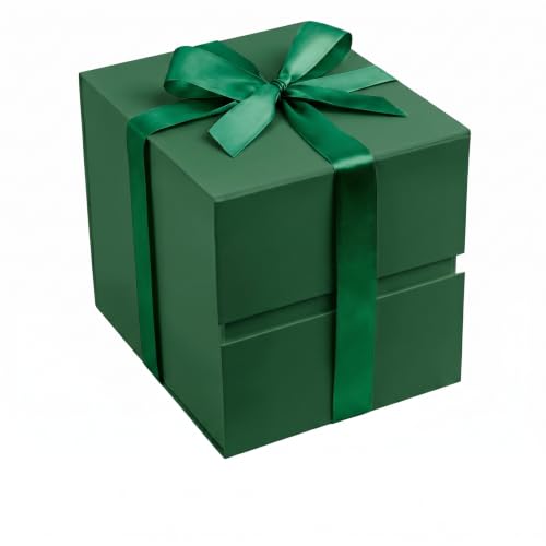 Image of LIFELUM Dark Green Gift Box 7 x 7 x 7 inch, 1 Pack Elegant Cube Gift Box with Magnetic Lid, Card, Ribbon, Shredded Filler for Christmas, Birthday, Wedding, Valentine's Day
