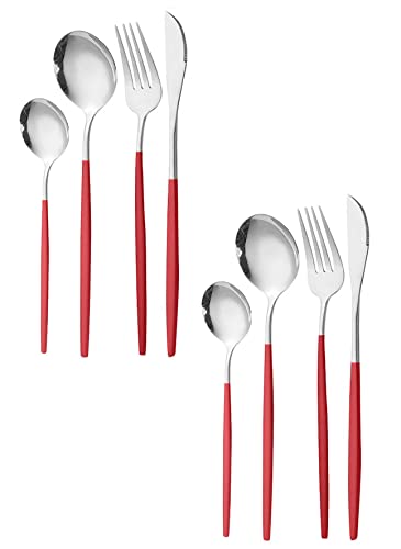 Image of Stainless Steel Flatware Set - Mirror Polished Cutlery for Dinner, Kitchen Utensil with Fork, Spoon, Knife Silverware Tableware Lunch Box(Red-Blue, Set of 8)