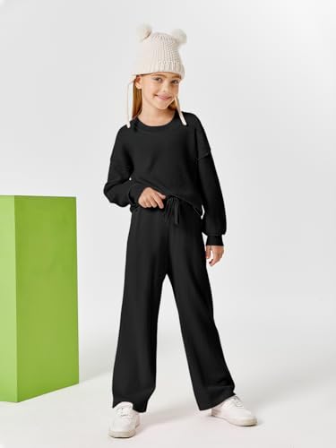 Image of Haloumoning Girls 2 Piece Outfits Kids Long Sleeve Crewneck Sweater Drawstring Wide Leg Long Pants Sweatsuits Sets 5-14T