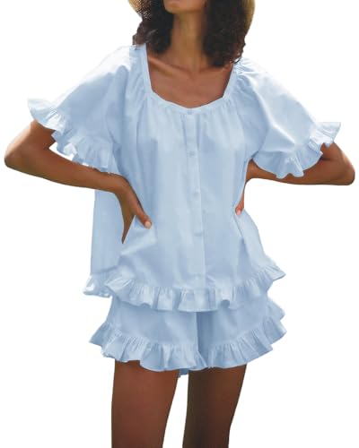 Image of Womens Ruffle Pajama Set Short Sleeve Button Down Top and Shorts | Cotton Ruffle Pajamas Set, Ruffle Shorts Set Women, 2 Piece Shorts Set for Women