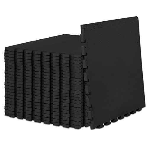 Image of ProsourceFit Weaved Pattern Extra Thick Exercise Puzzle Mat -inch, EVA Foam Interlocking Tiles for Protective, Cushioned Flooring for Home and Gym Equipment; Black, 96 SQ FT, 24 Tiles