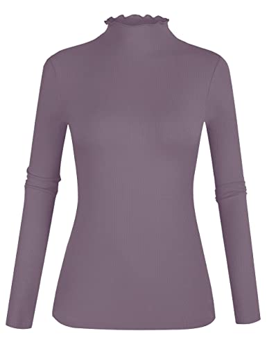 POPZONE Camiseta de punto acanalado de manga larga con cuello alto falso, corte entallado y ribete de lechuga para mujer, Gris Morado-22, M