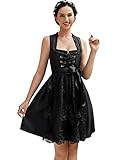 KOJOOIN Damen 2tlg.Trachtenkleid Dirndl Mid Kleid mit Spitzenschürze für Oktoberfest Schwarz(High-End) 38