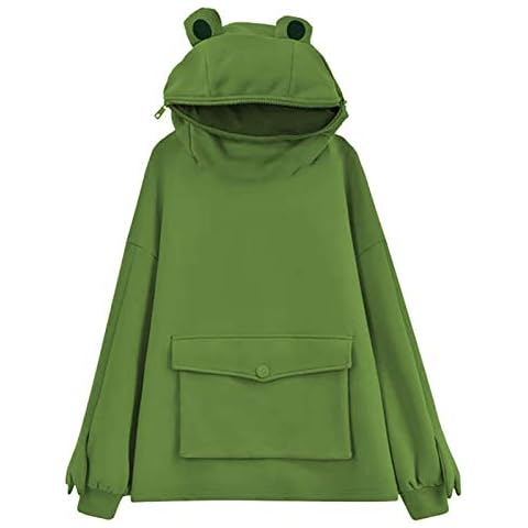 Frog Hoodies for Girls Women Kawaii Cute Zip up Green Hooded Top Sweatshirt Loose Pullover Long Sleeve Cover