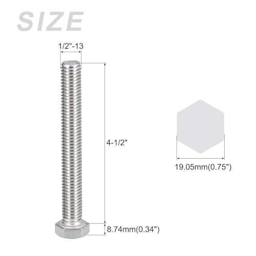Image of METALLIXITY Hex Head Bolts (1 /2-13 x 4-1 /2 inch) 2Pcs, 304 Stainless Steel 18-8, Fully Threaded, External Hex Drive, Plain Finish, Hex Head Screw Bolt, Silver