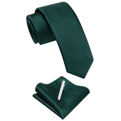 Image of YourTies Skinny Ties for Men Satin 2.4 inch Slim Necktie with Pocket Square Tie Clip Set Solid Color Wedding Party Business