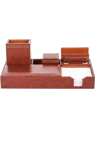 Image of LUVYANSH Genuine Leather Multipurpose Desk Organizer Stylish Pen Stand With Mobile Cum Remote Stand With Memo Pad Holder Office Table Organizer Desktop Stationery Supplies 7 Compartments (Brown)