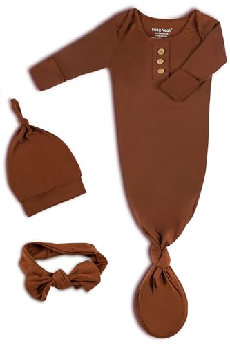 Image of Newborn Baby Knotted Gown, Super Soft Silky Infant Sleeper, Baby Girl Sleep Gown with Mittens, Bow, and Hat Set
