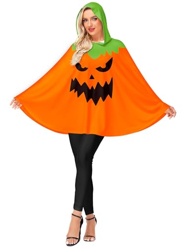 AOBUTE Womens Pumpkin Poncho With Hood Halloween Scary Jack O Lantern Costume Orange